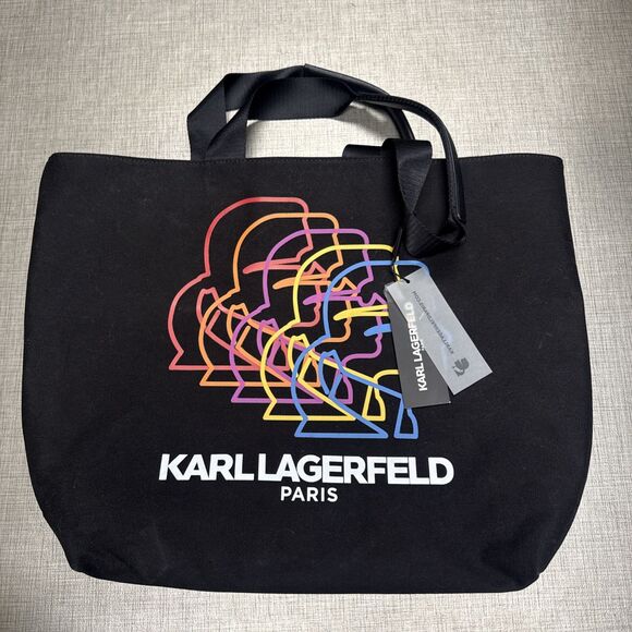 Karl Lagerfeld Bag Paris Kristen Black Canvas Shopper Illusion Heads Rainbow NWT - Picture 1 of 6